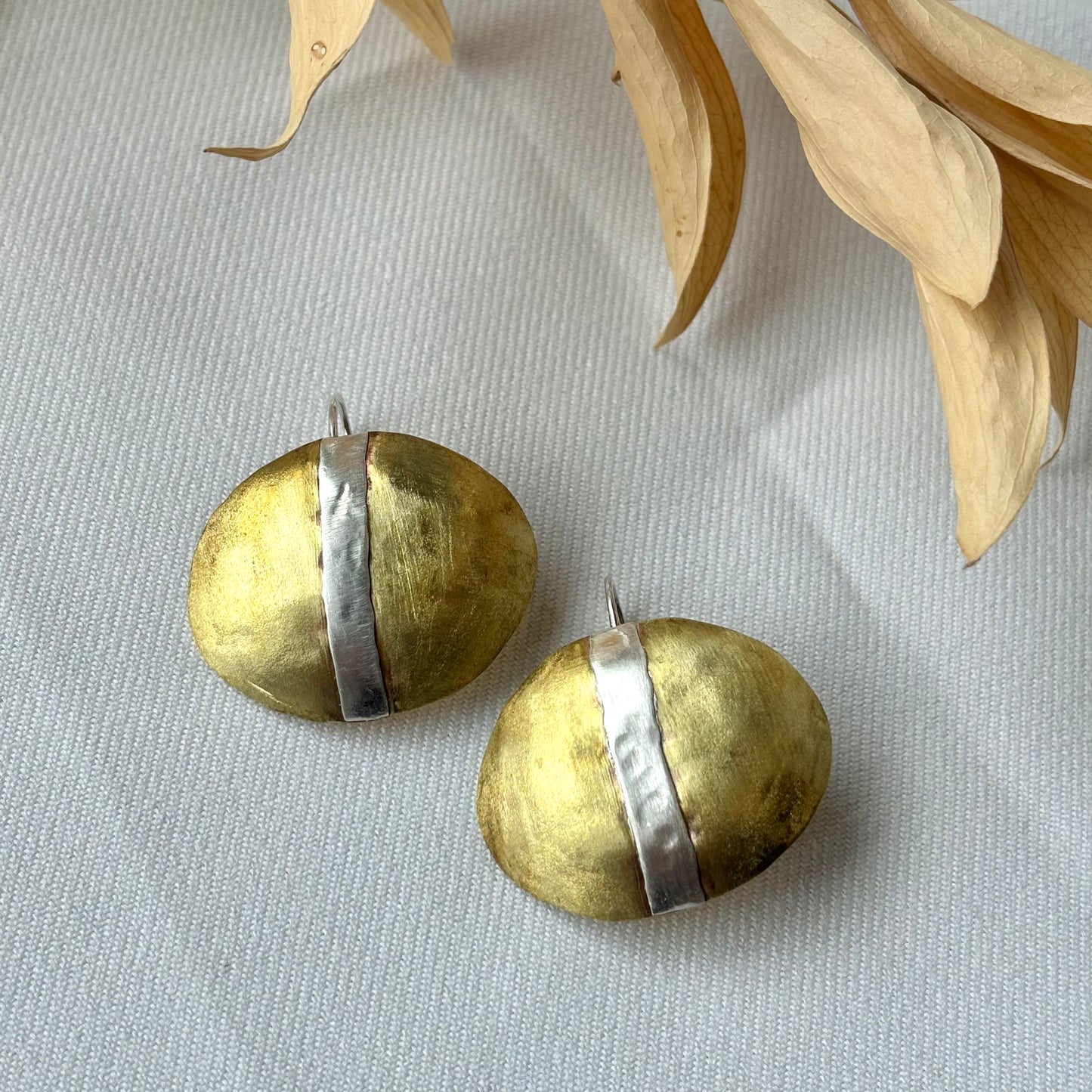 Galili Ellis, Brass Convex Circles with Silver Applique Earrings