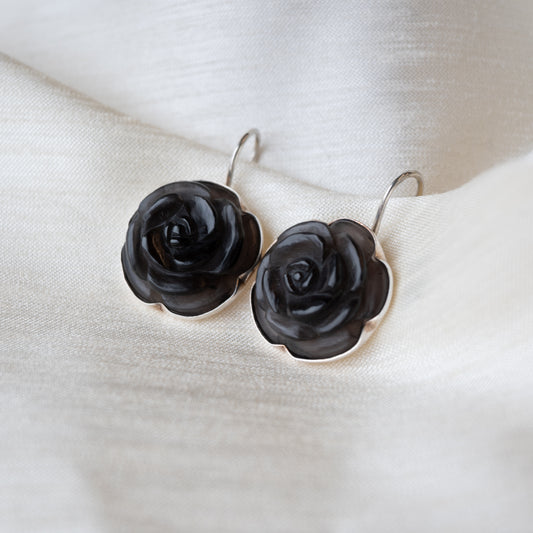 Alexandra Temple, Obsidian Rose Silver Earrings