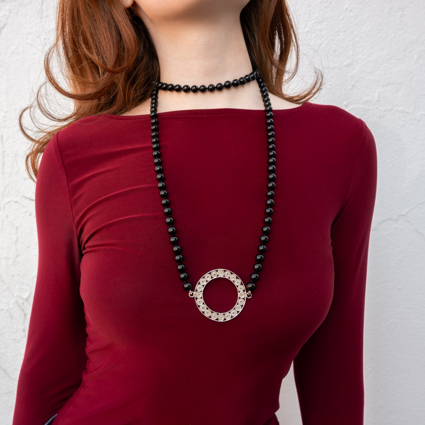 Alexandra Temple, Onyx Bead Necklace with Filigree Circle