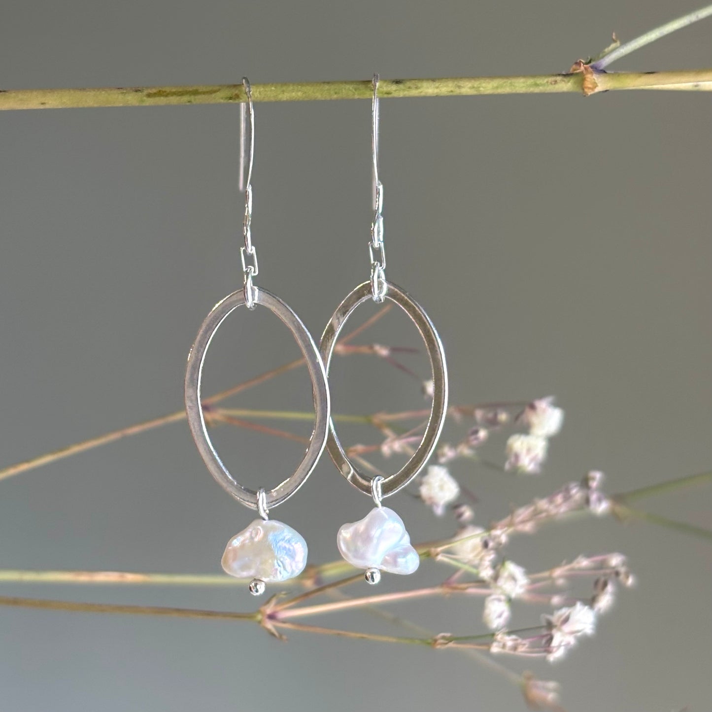 Brenda Wong, Silver Marquise Ring and Pearl Earrings