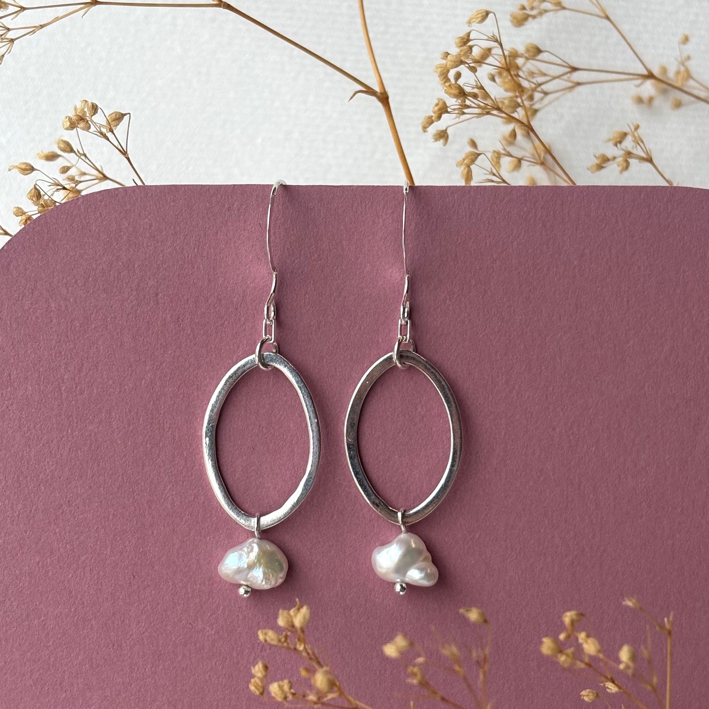 Brenda Wong, Silver Marquise Ring and Pearl Earrings