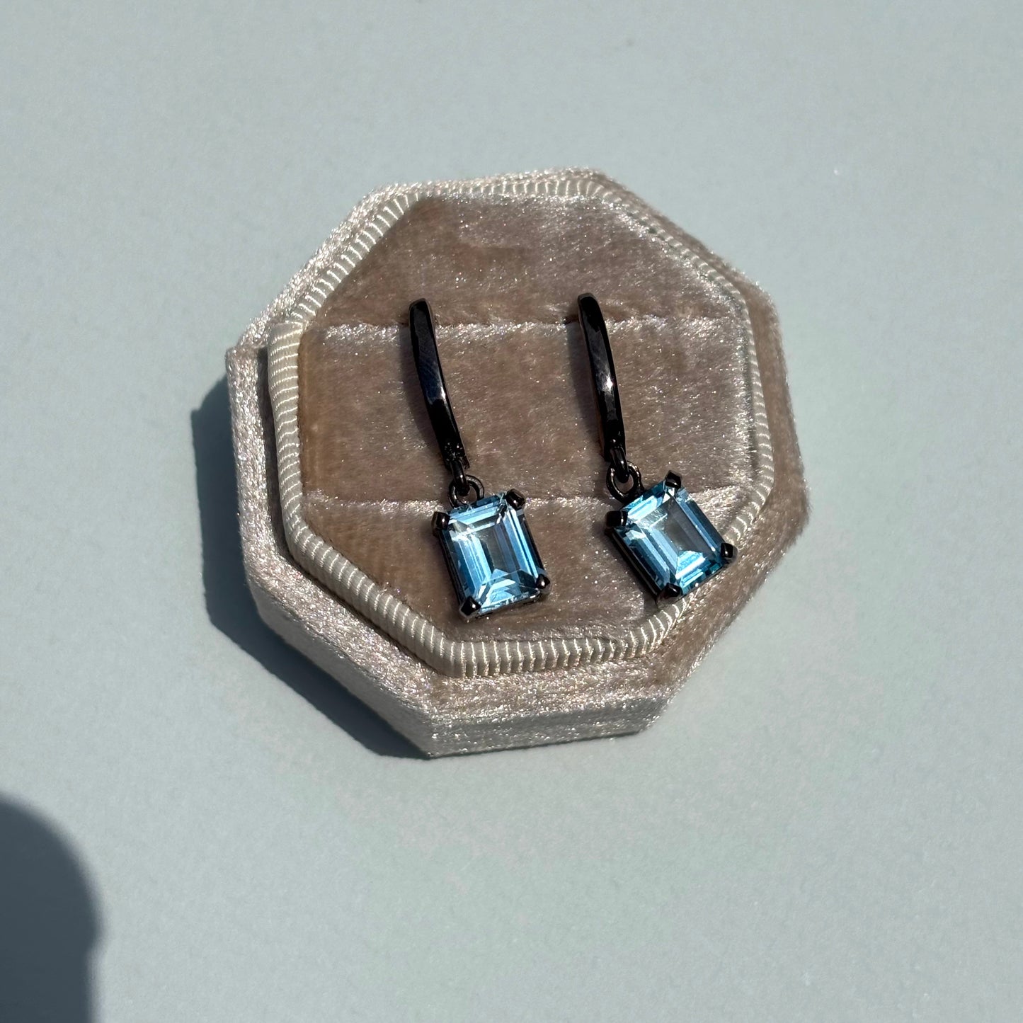 Out Designs, Blue Topaz Black Rhodium Drop Earrings