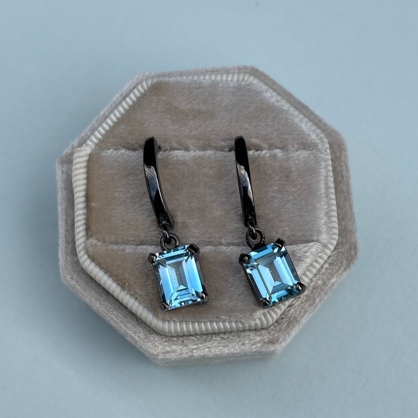 Out Designs, Blue Topaz Black Rhodium Drop Earrings