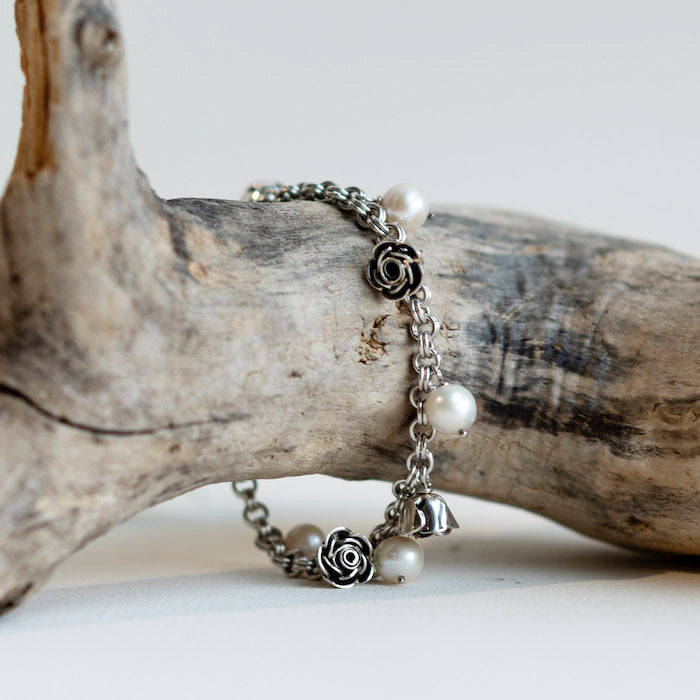 Alexandra Temple, Silver Roses and Pearls Bracelet