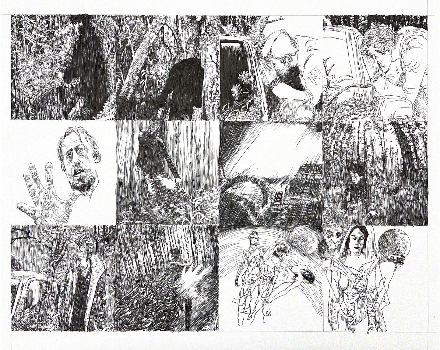 Graphic novel panels, featuring ink drawings, people, woods and movement.