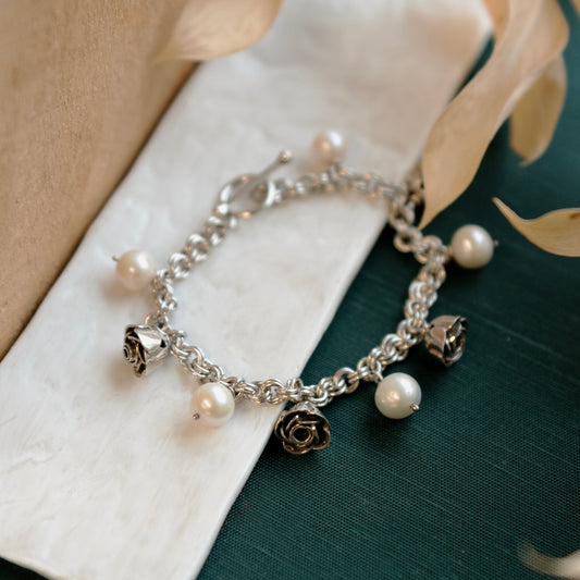 Alexandra Temple, Silver Roses and Pearls Bracelet