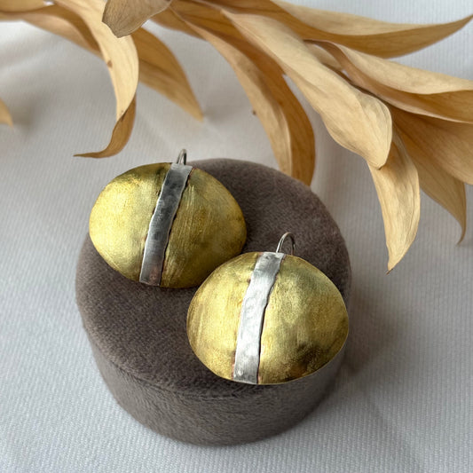 Galili Ellis, Brass Convex Circles with Silver Applique Earrings