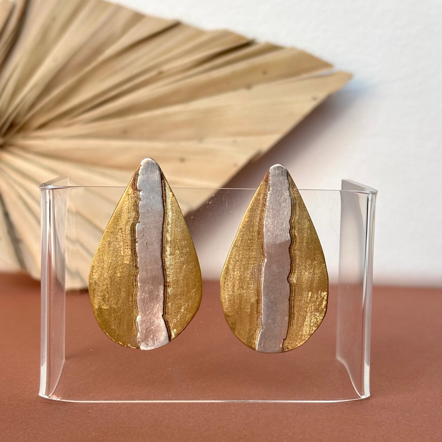 Galili Ellis, Brass Teardrop Earrings with Vertical Silver Applique