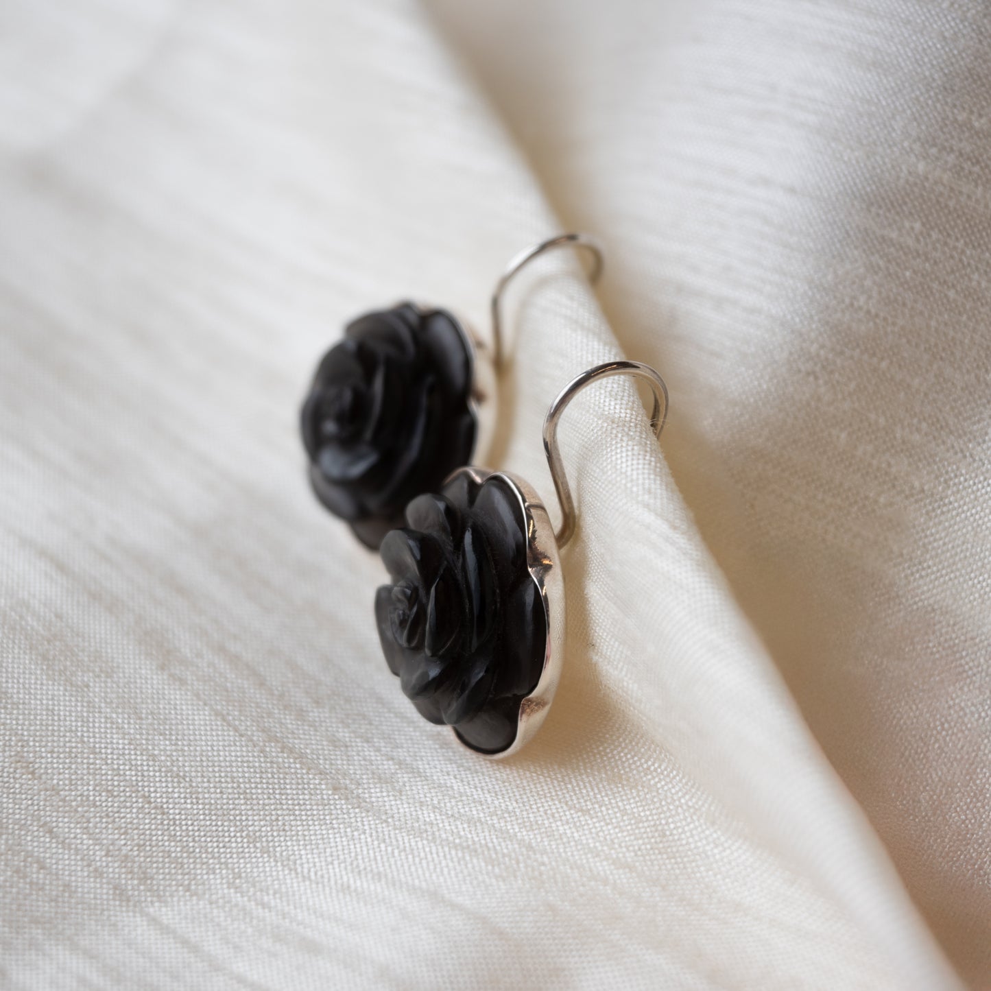 Alexandra Temple, Obsidian Rose Silver Earrings