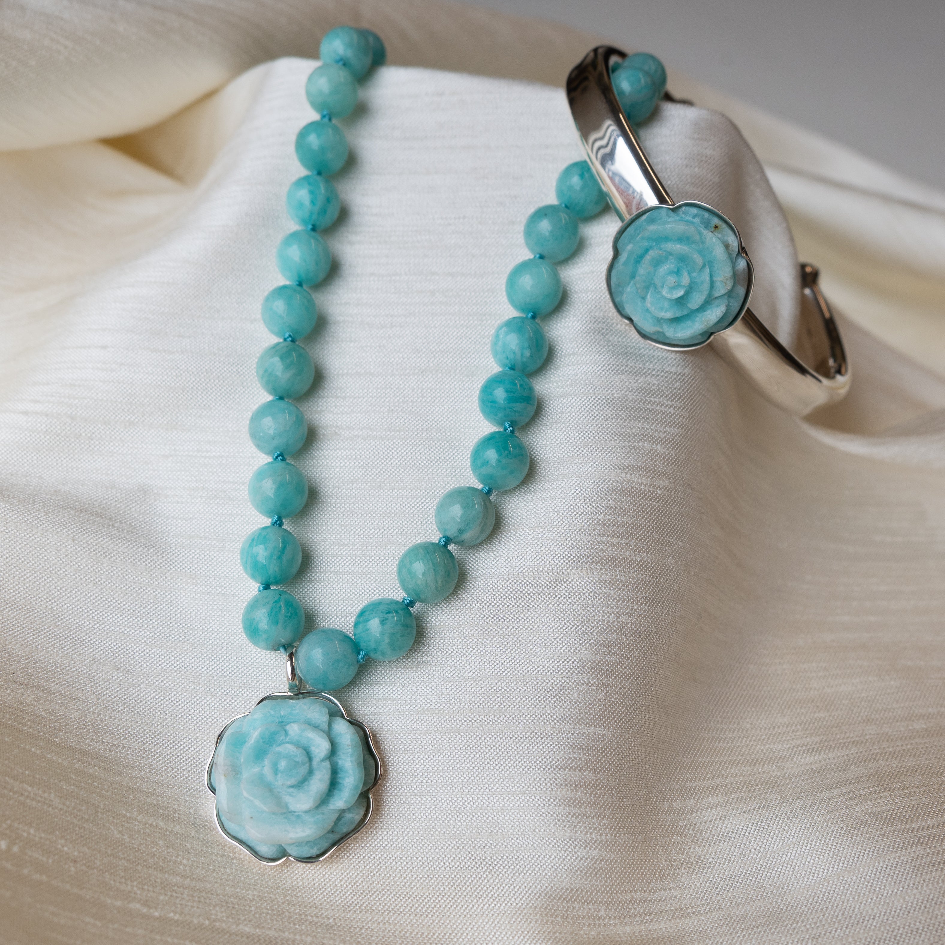 Alexandra Temple, Amazonite Rose Silver Bracelet-3