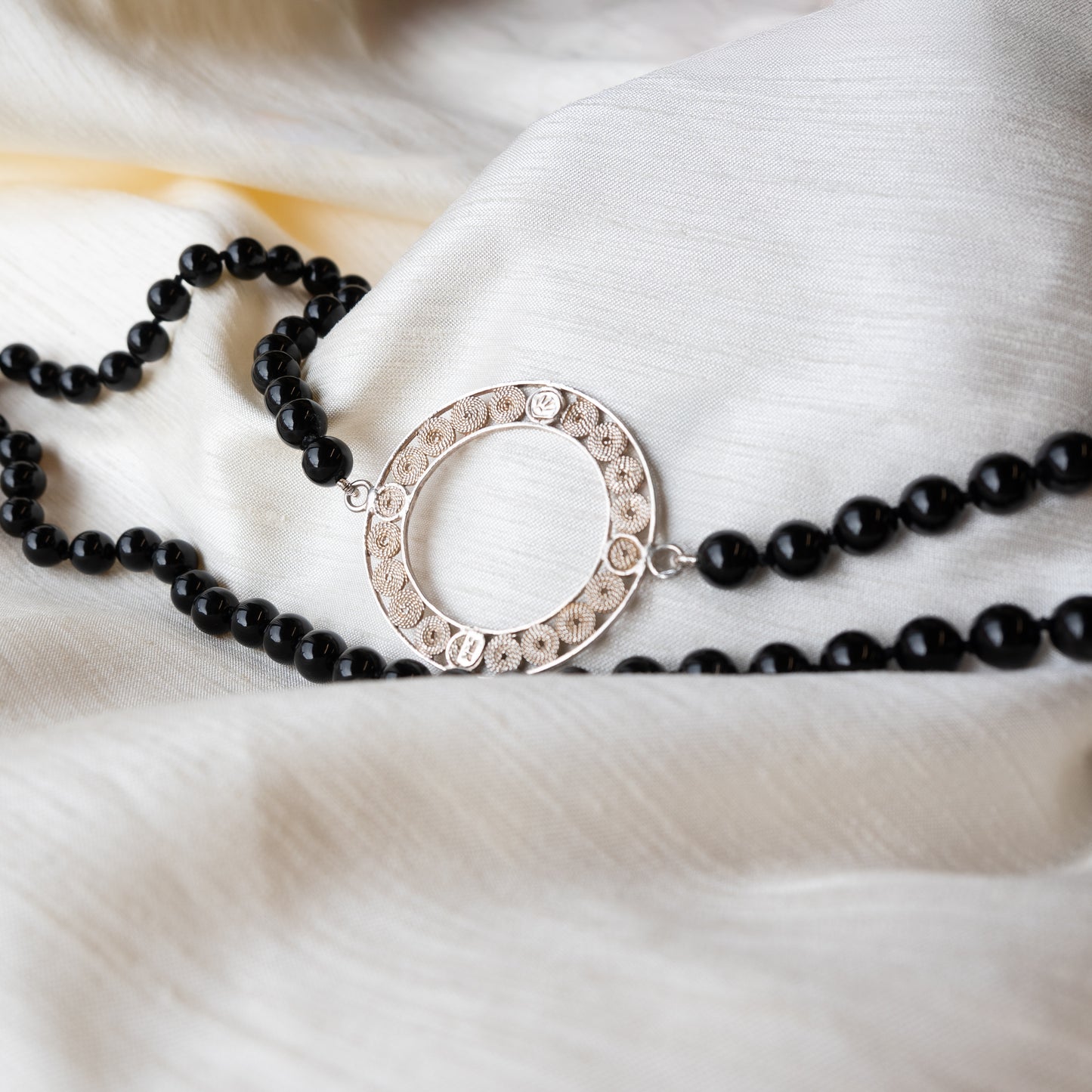 Alexandra Temple, Onyx Bead Necklace with Filigree Circle