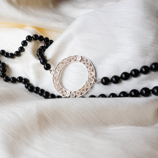 Alexandra Temple, Onyx Bead Necklace with Filigree Circle