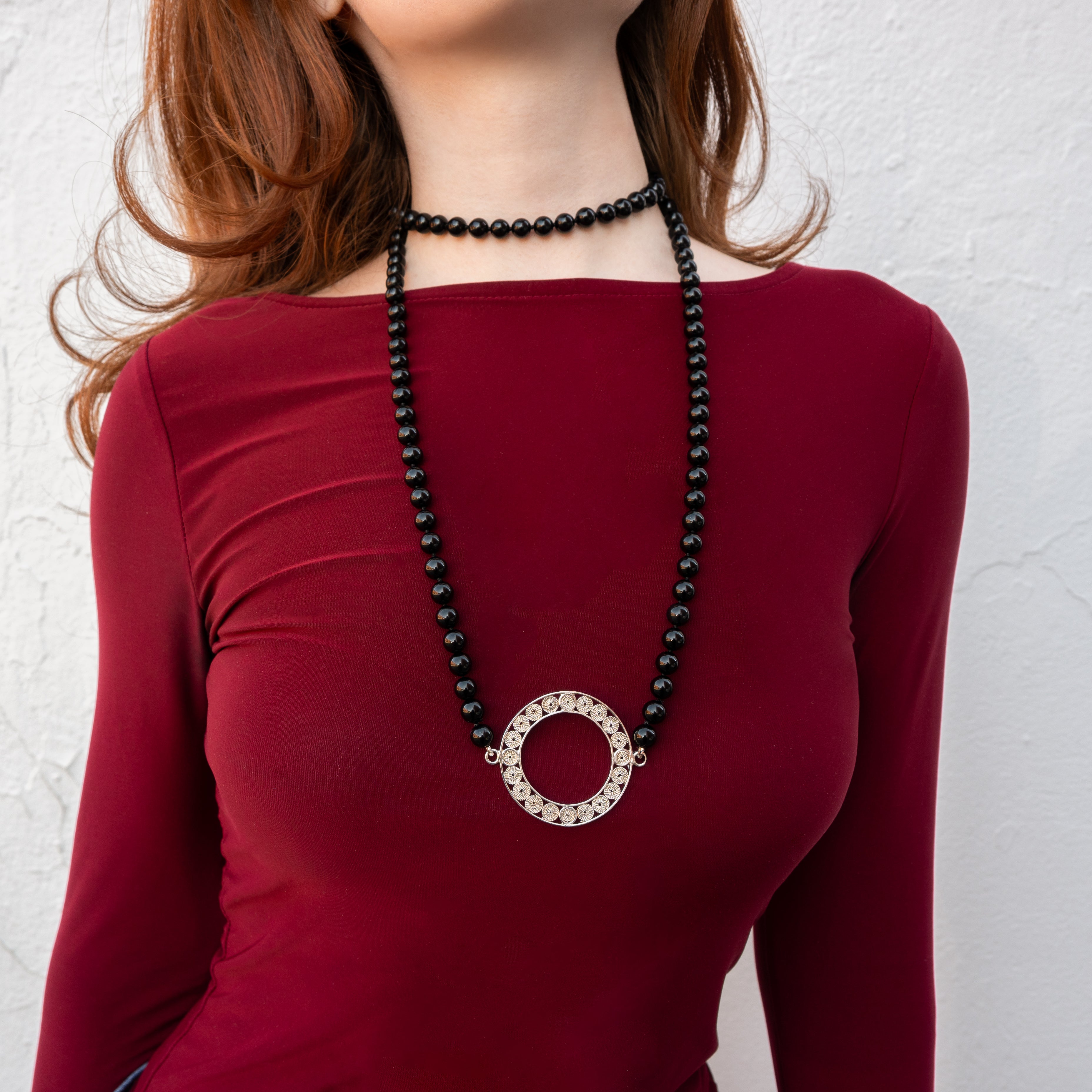 Alexandra Temple, Onyx Bead Necklace with Filigree Circle