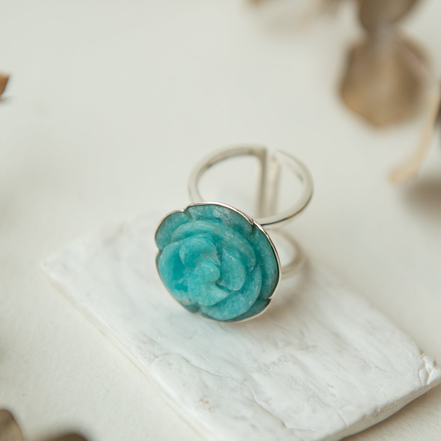 Alexandra Temple, Amazonite Rose Carved Ring