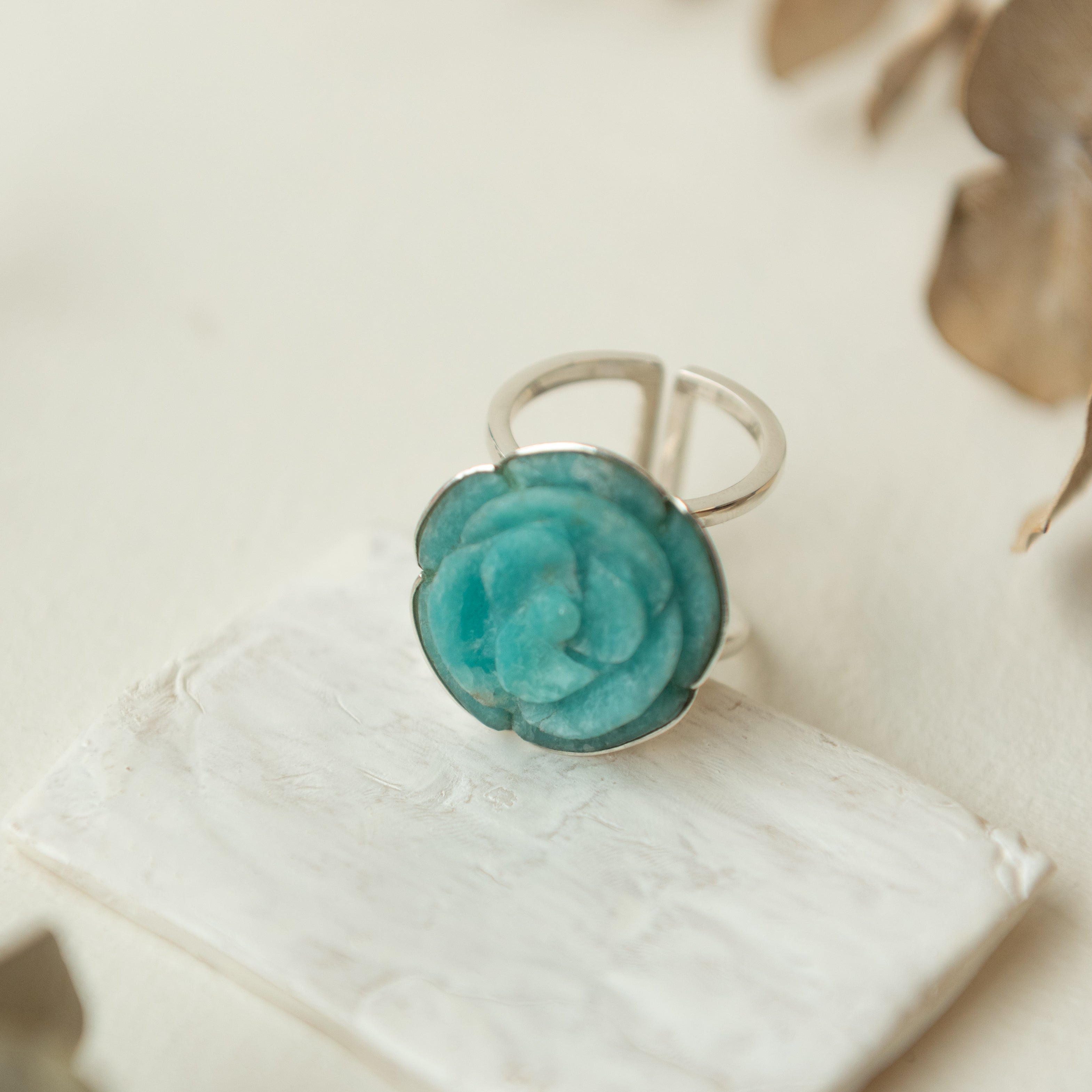 Alexandra Temple, Amazonite Rose Carved Ring