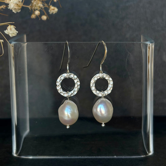 Brenda Wong, Silver Hammered  Circle Pearl Earrings