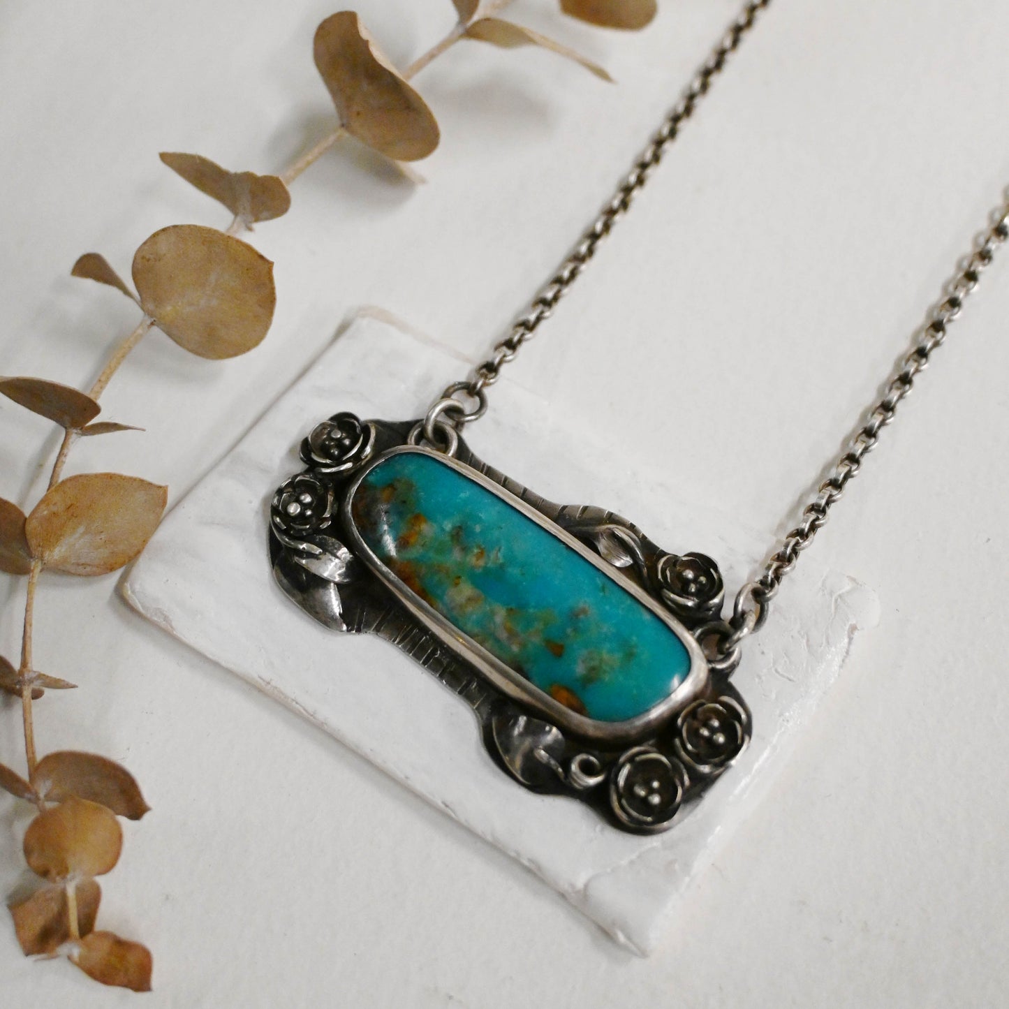 Galili Ellis, Turquoise Pendant with Sterling Silver Cluster Florals