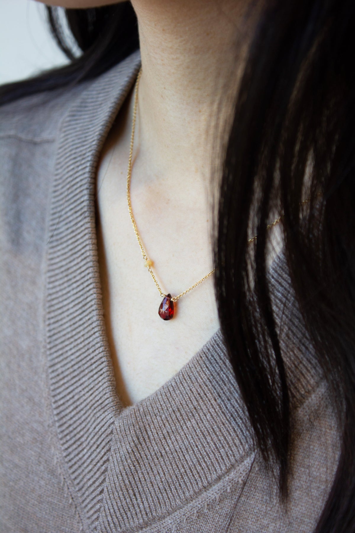 Kathryn Rebecca, Garnet Pear Gold Necklace-2