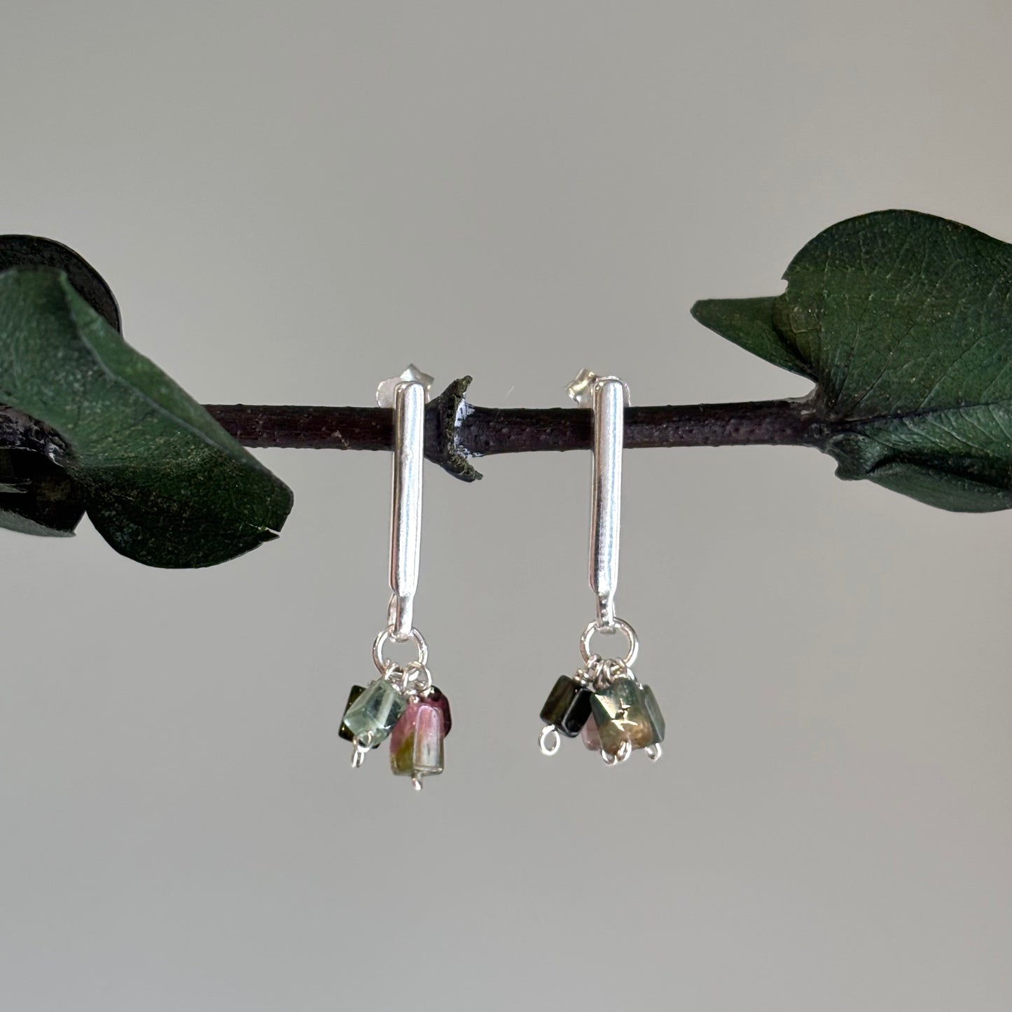 Brenda Wong, Silver Bar Tourmaline Cluster Earrings