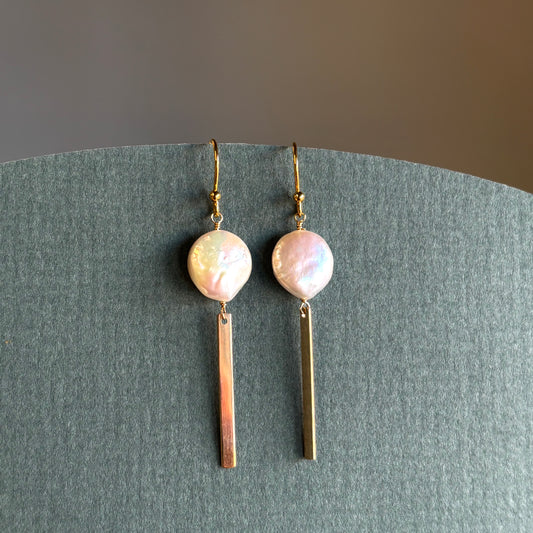 Brenda Wong, Gold Flat Bar Earrings with Pearl