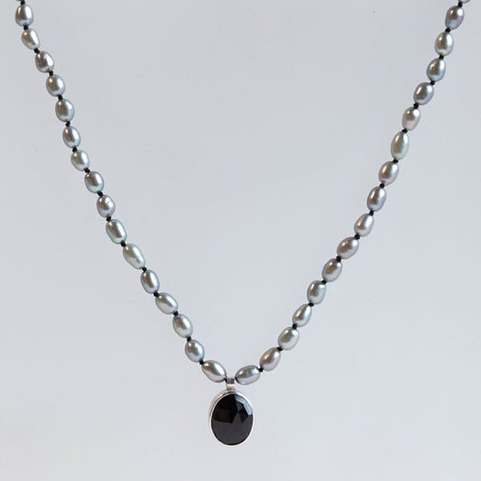 Andrea Mueller, Grey Pearl Necklace with Black Spinel Pendant