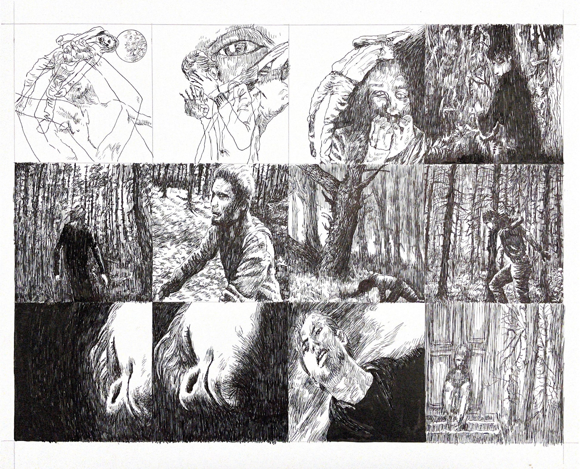Graphic novel panels, featuring ink drawings, people, still images, woods and movement.