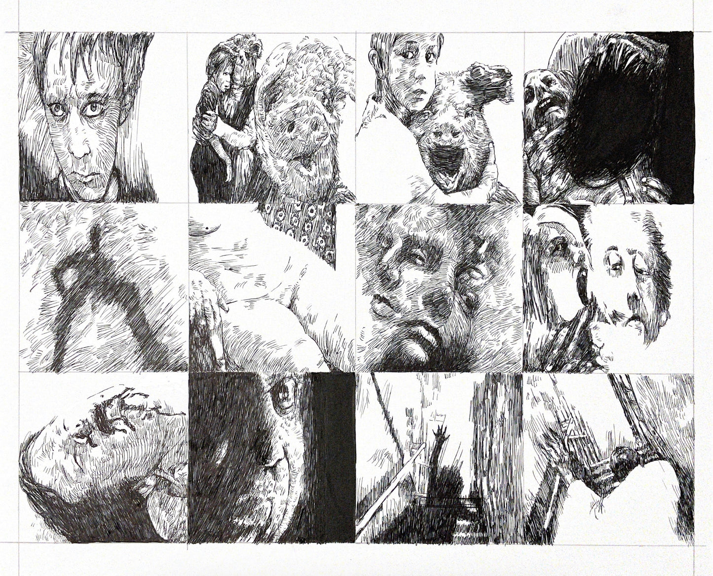 Graphic novel panels, featuring ink drawings, close ups of people, the morphine of an image of one person into multiple faces.