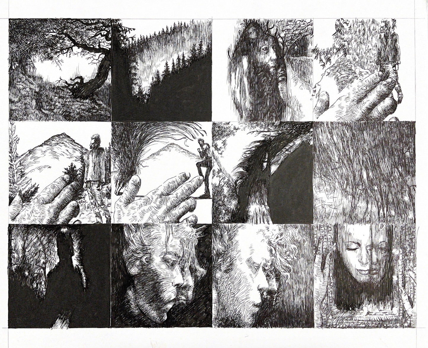 Graphic novel panels, featuring ink drawings, people, disoriented perspectives, woods and movement.