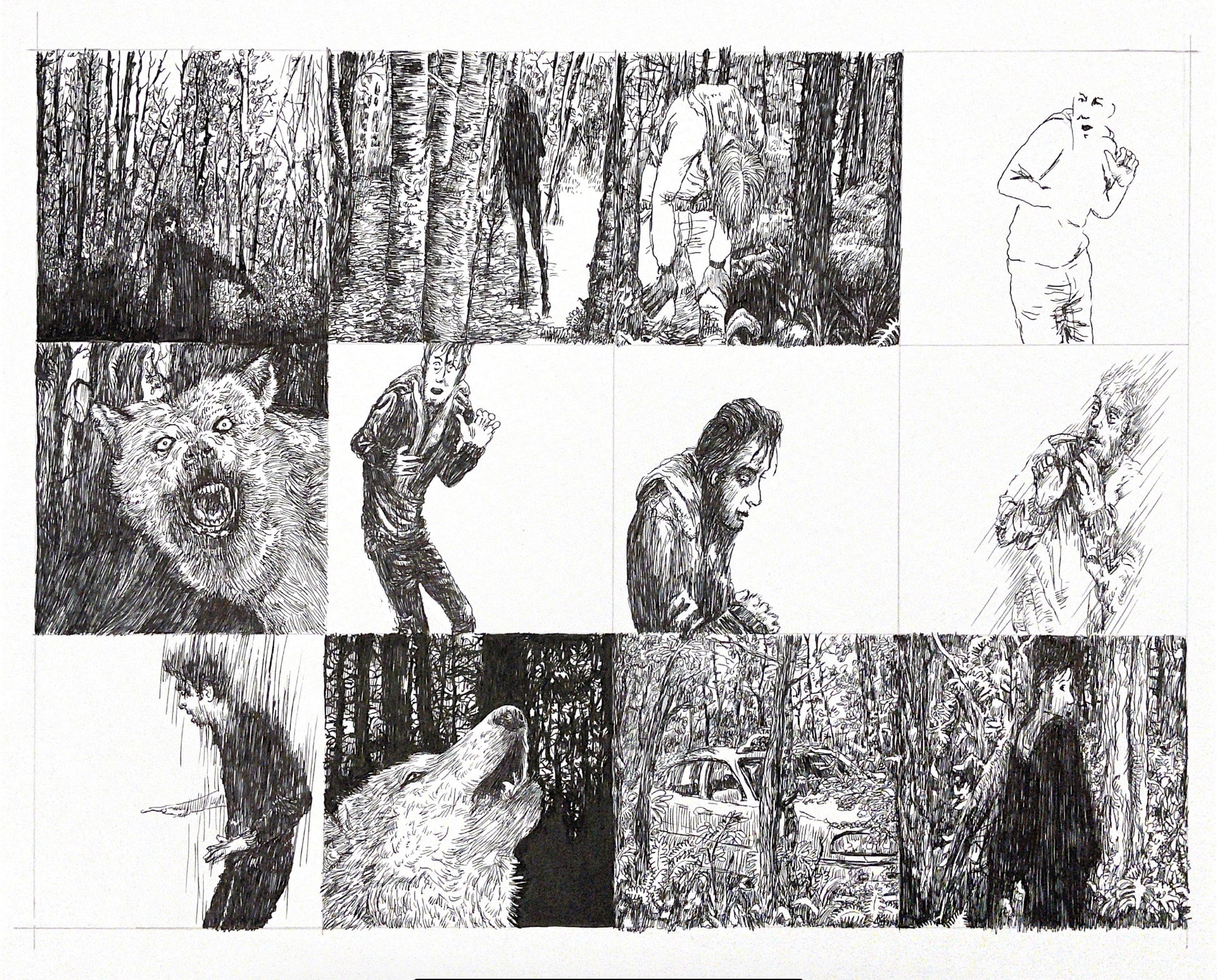 Graphic novel panels, featuring ink drawings, people, wolves, woods and movement.