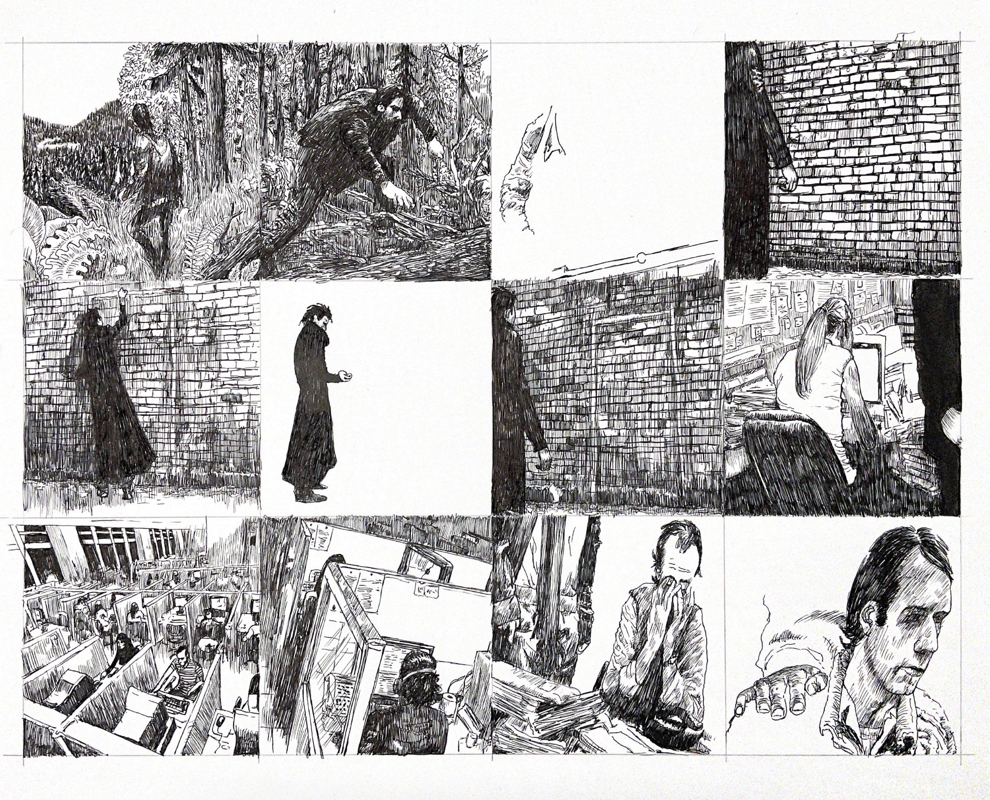 Graphic novel panels, featuring ink drawings, people, brick walls, office spaces and the forest.