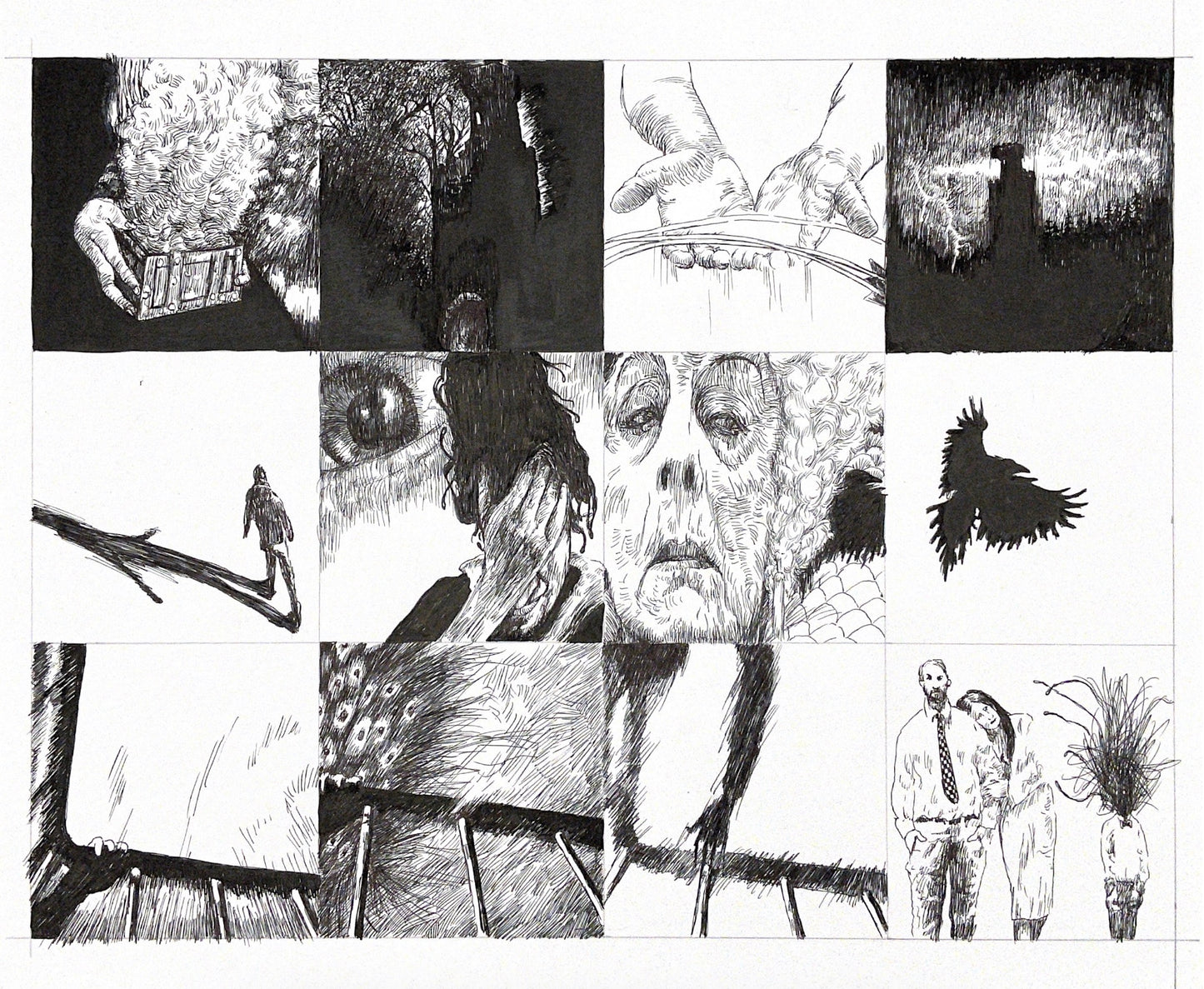 Graphic novel panels, featuring ink drawings, birds and symbolism.