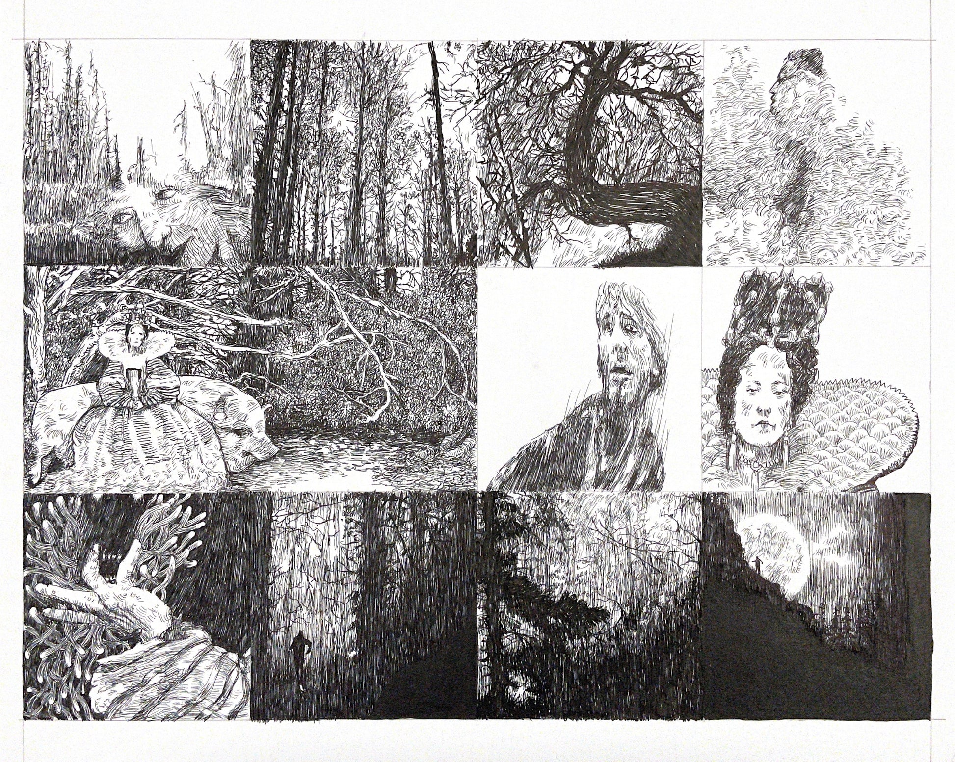 Graphic novel panels, featuring ink drawings, people, woods and movement and mystical imagery..