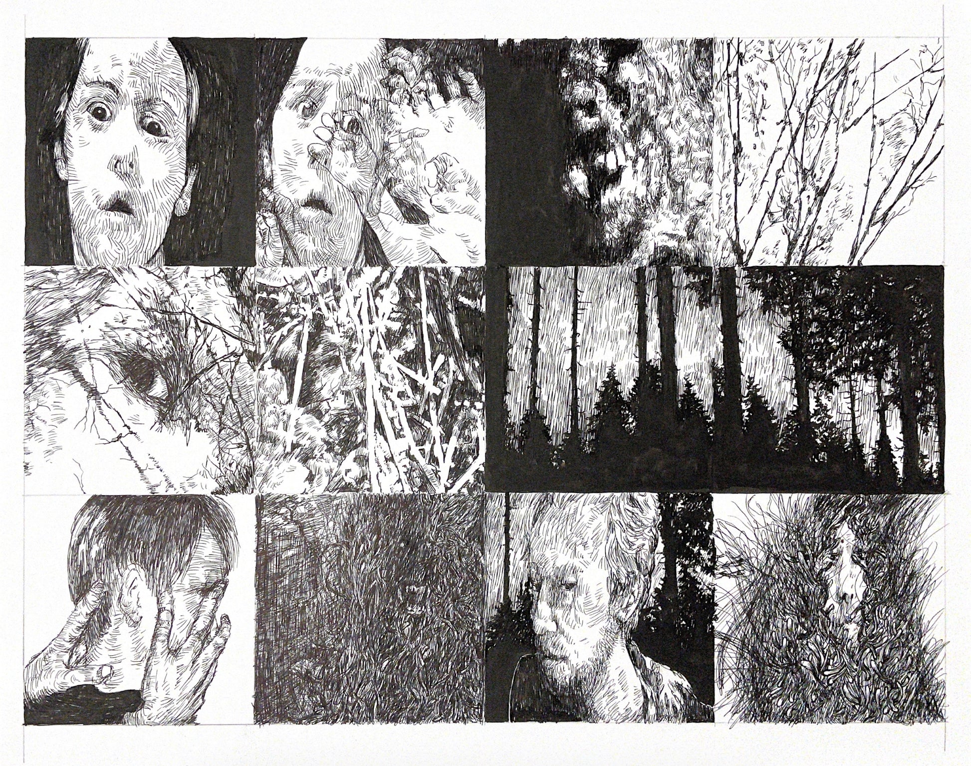 Graphic novel panels, featuring ink drawings, people, woods and movement.