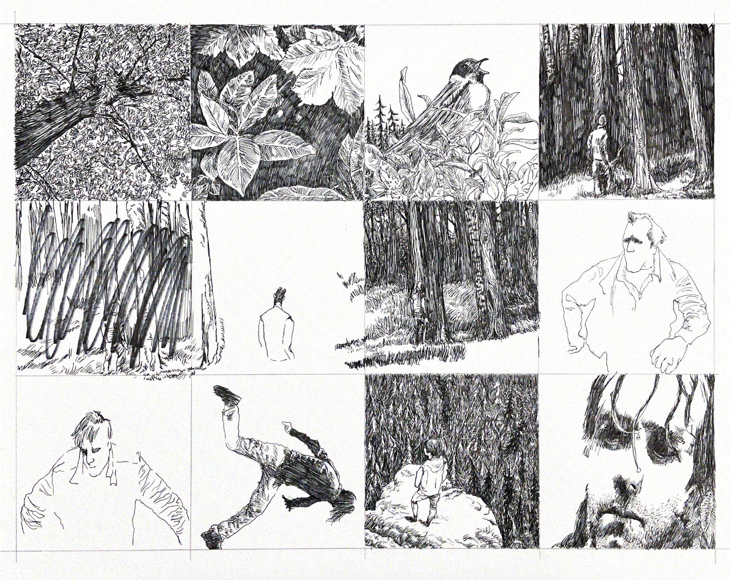 Graphic novel panels, featuring ink drawings, people, woods and movement.