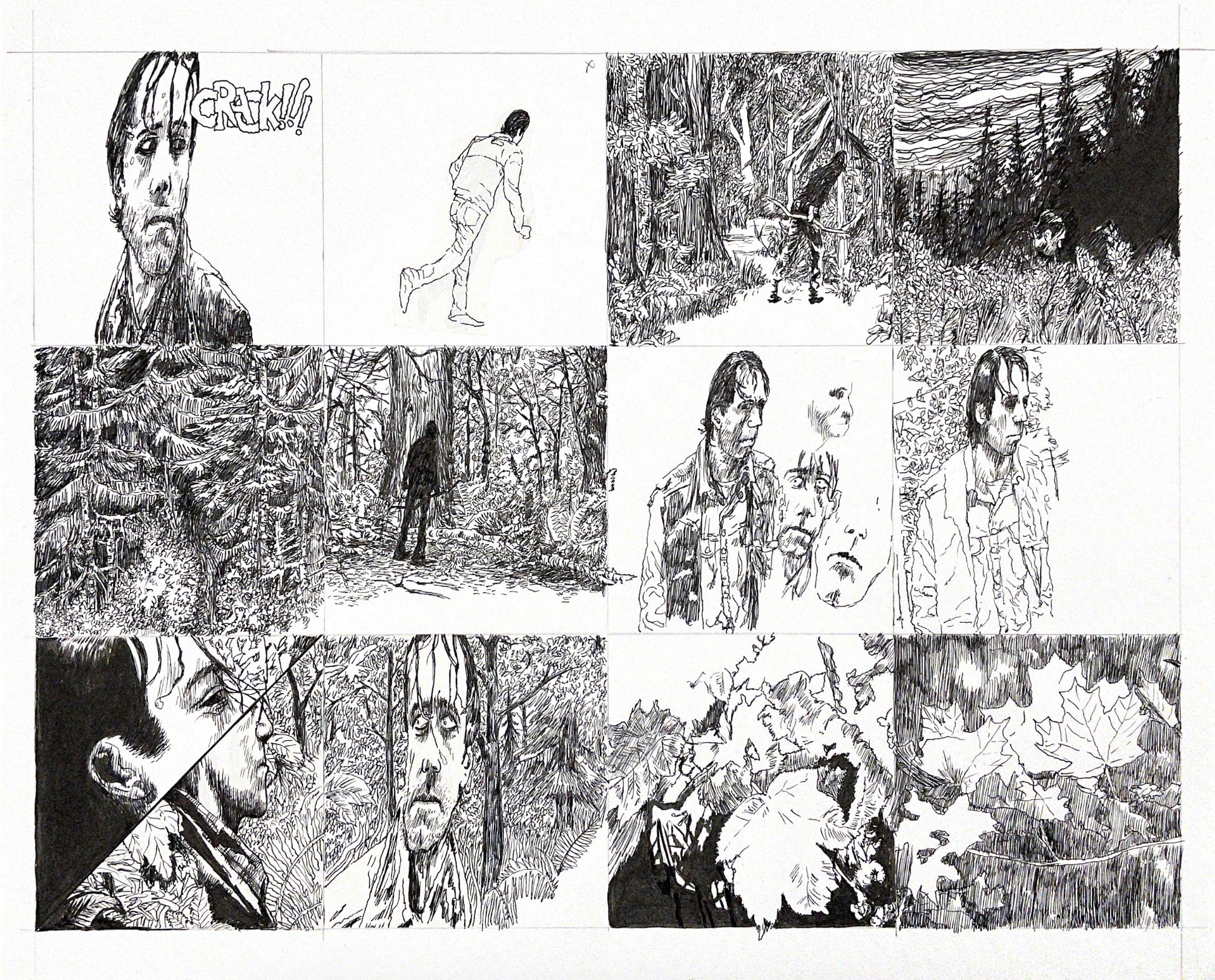 Graphic novel panels, featuring ink drawings, disoriented people, woods, leaves and movement.