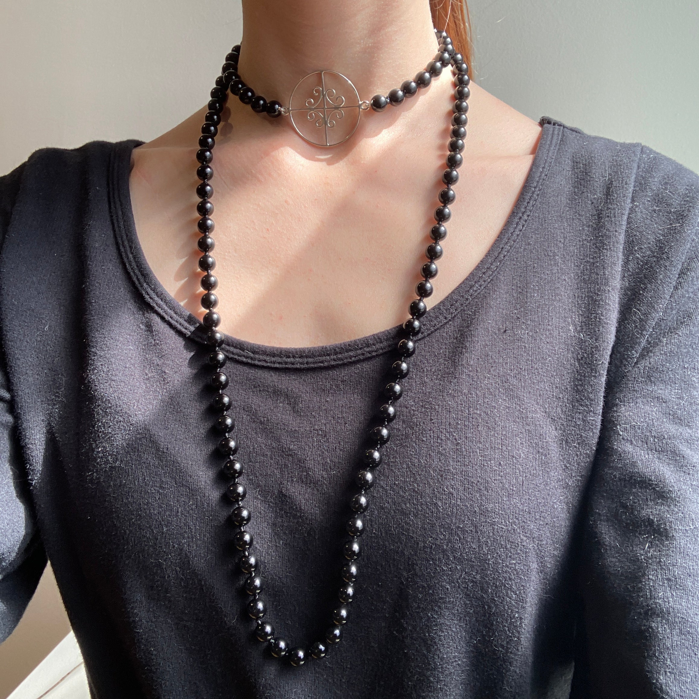 Alexandra Temple, Onyx and Silver Colonial Bar Necklace